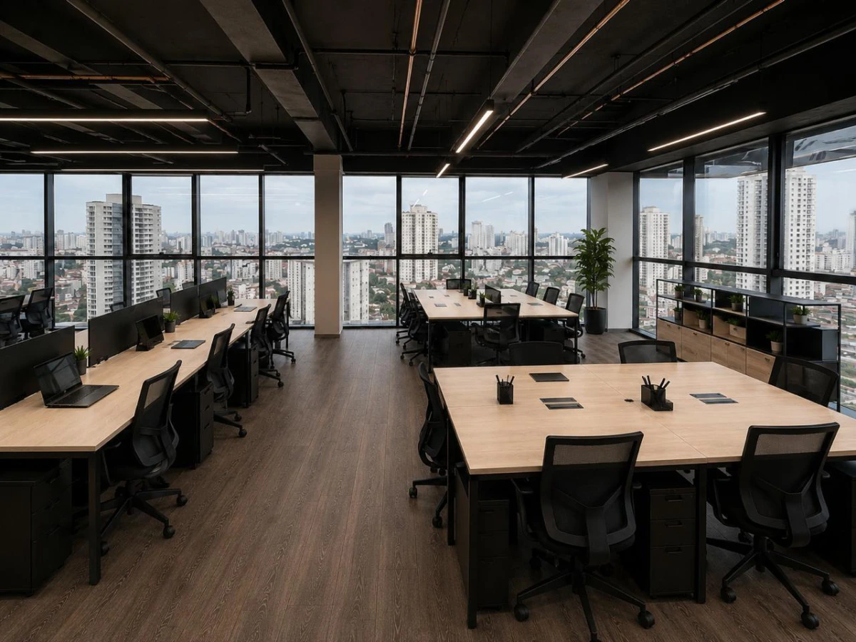 Laje corporativa com estações de trabalho e vista para a cidade